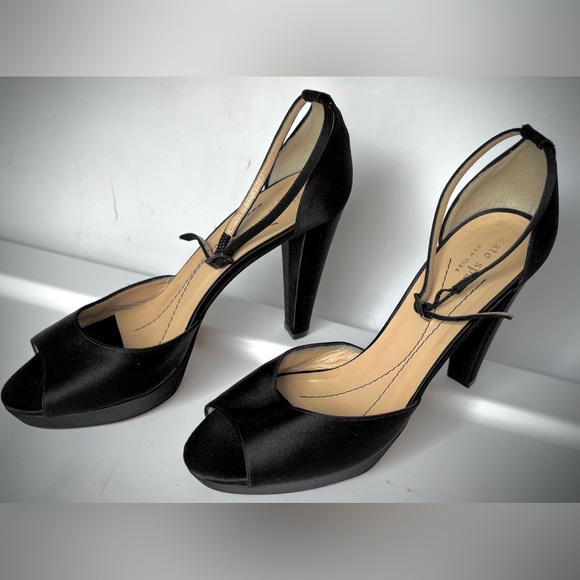 Kate Spade Leather Platform Heeled Peep Toe Stiletto Heels in Black Satin Size 8 - Picture 1 of 8